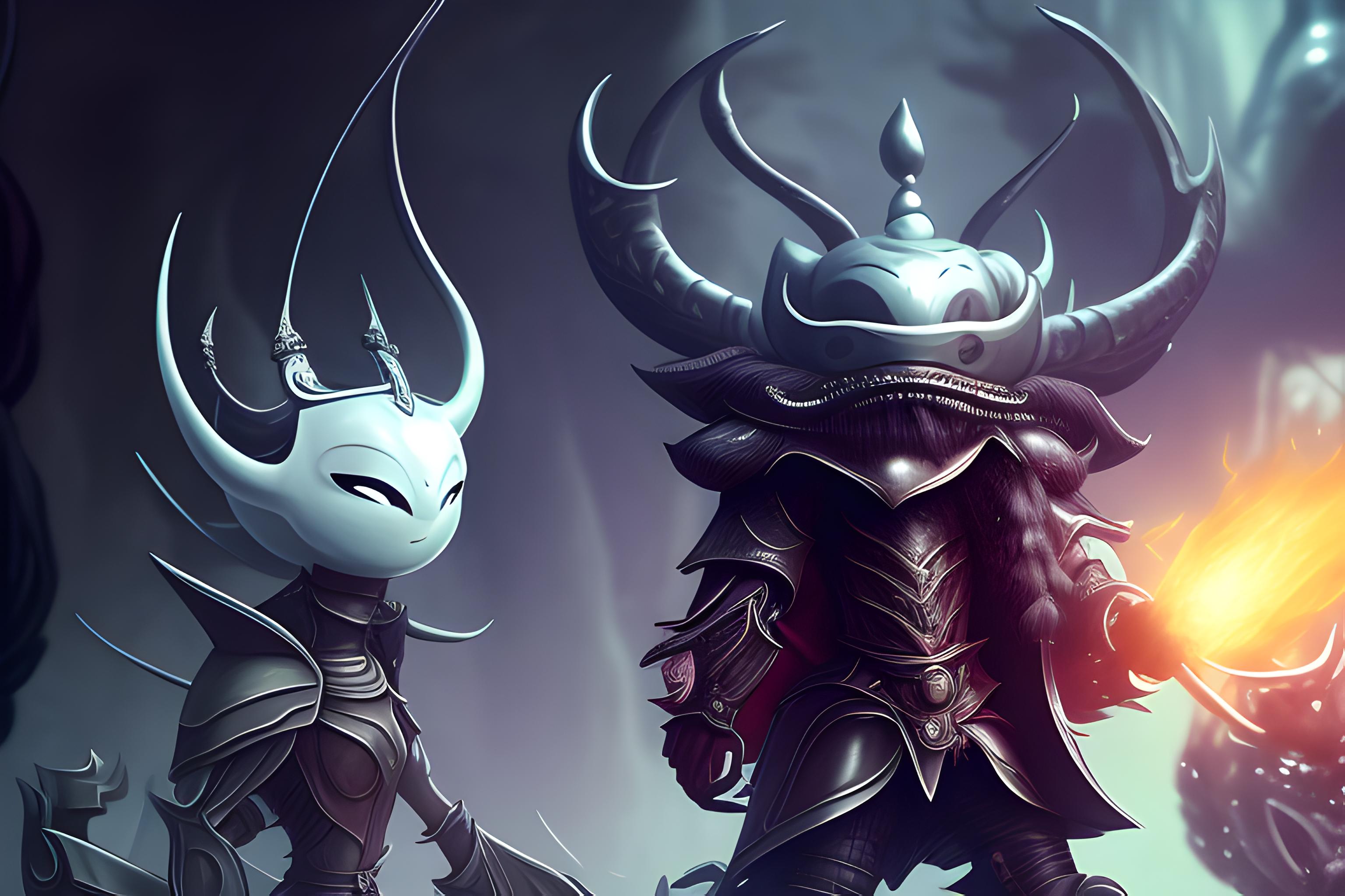 A cinematic high-detail wallpaper featuring Skarrsinger Karmelita, Nyleth, and Krust King Kahn from Hollow Knight: Silksong. All three characters are prominently featured together in a dramatic composition, posed like powerful major characters. Karmelita, Nyleth, and Krust King Kahn should retain their distinctive canonical designs, silhouettes, colours, clothing, armour, and features. No Hornet. Dark, atmospheric Pharloom-inspired environment in the background, with deep shadows, glowing particles, subtle mist, dramatic lighting and strong contrast. Give each character their own visual presence while making the composition feel connected and natural. Epic fantasy atmosphere, mysterious and slightly intimidating, beautiful hand-painted 2D game-art aesthetic, extremely detailed, polished, c